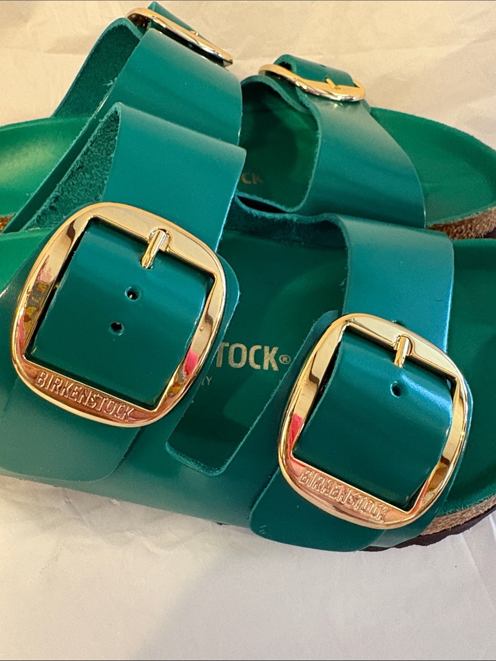 Birkenstock Arizona Two-Strap Slide Sandals in Teal with Gold Buckles - Picture 6 of 11